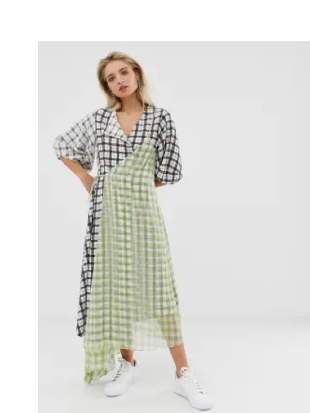 Checked Panel Midi Dress in Black White & Light Green